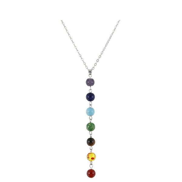 

silver color simple style 7 chakra multicolor natural stone beads pendant necklace long chain for women charm collier collares yoga