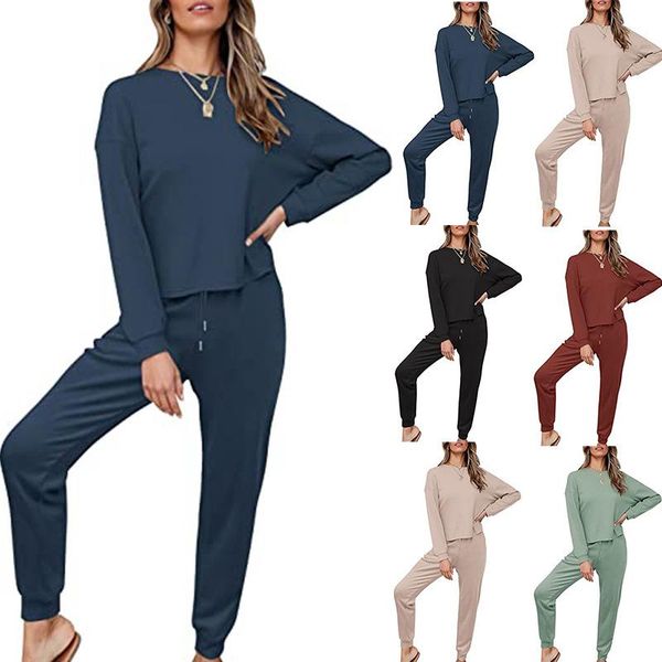 

women's two piece pants clothing 2021 autumn and winter waffle home long sleeve pant clothes sets 2pcs 21-1210, White