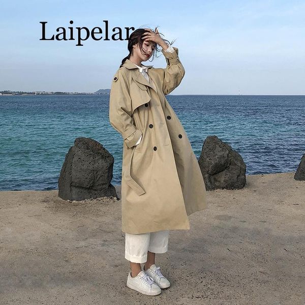 

women's trench coats korean style ladies coat plaid long double breasted waist belted oversize loose women outerwear with storm flaps, Tan;black