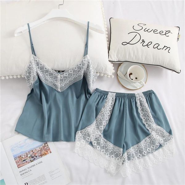 

pajamas for women lace satin silk patchwork v-neck strap home clothes with shorts casual pyjama suit sleepwear women's underwear, Black;red