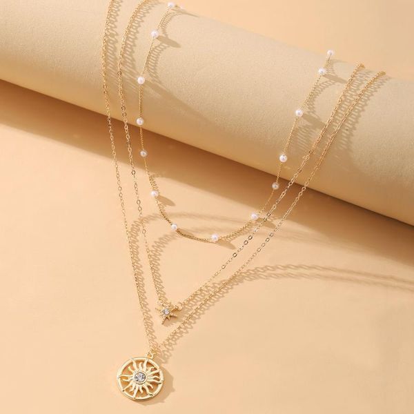 

pendant necklaces european american fashion sun clavicle chain, creative simple retro artificial pearl multilayer necklace wholesale, Silver