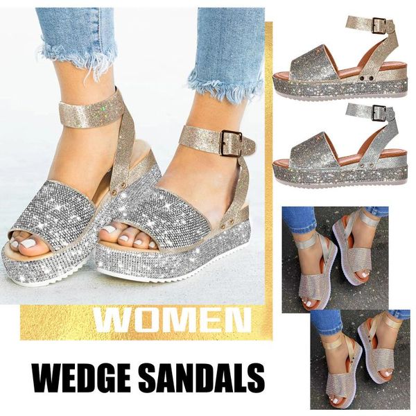 

sandals womens summer wedgr crystal rhinestone buckle strap outdoor shoes ladies beach plus size, Black