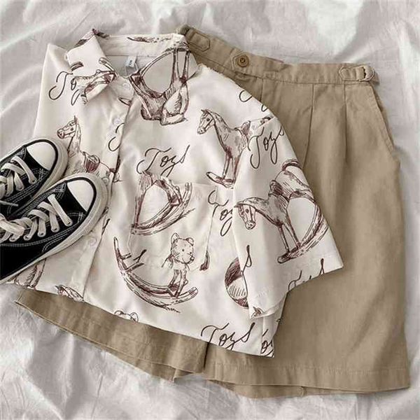 

summer fashion short set women casual sleeve shirt + high waist wide leg s matching twinset 210722, Black