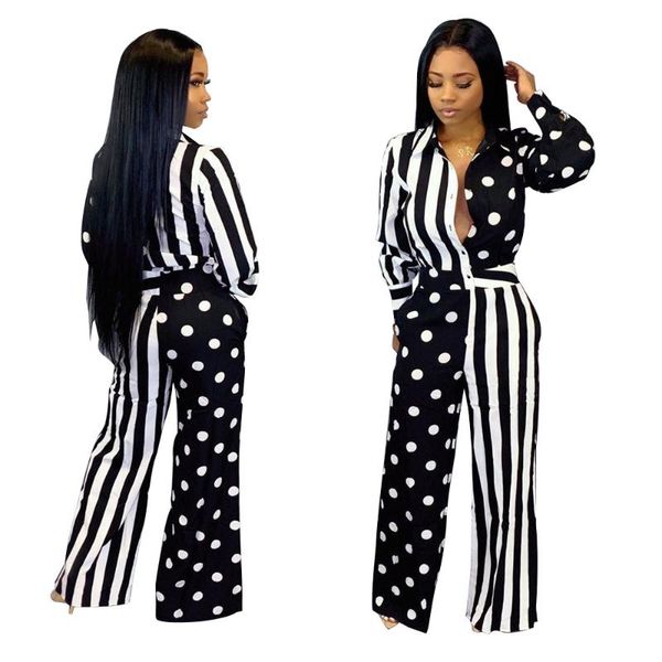 

women's jumpsuits & rompers autumn women jumpsuit polka dot black and white stripe stitching print long sleeve bodysuit costumes s-xxl, Black;white