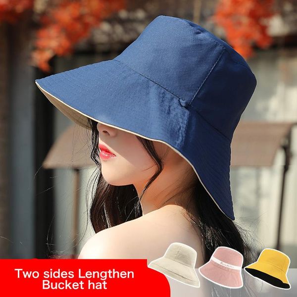 

women's bucket hat double sided lengthened brim windproof sun protection outdoor fisherman fashion basin cap wide hats, Blue;gray