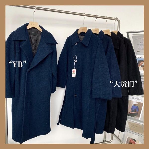 

jade sauce small deep sea blue woolen coat women's middle long autumn / winter 2021 loose and thickened korean woolen coat, Black