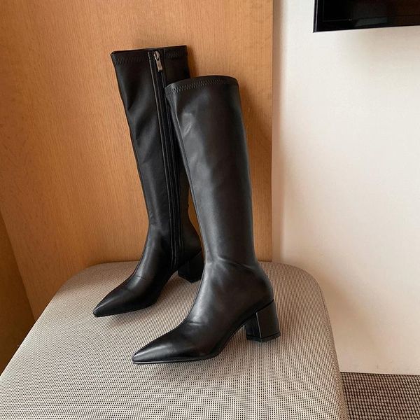 

boots brand women party high heels pointed toe knee long autmn winter shoes woman, Black