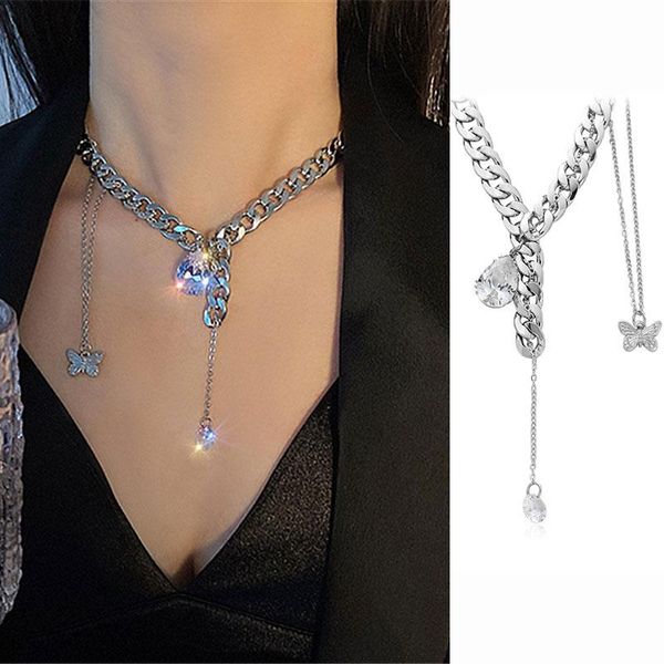

chokers xiaoboacc butterfly necklace for women 2021 fashion punk grunge water drop zircon tassel thickneck chain, Golden;silver