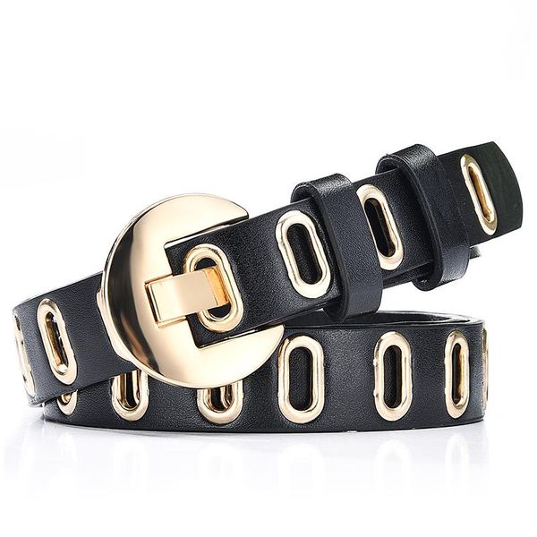 

belts fashion women pu belt adjustable hole punk metal buckle waistband alloy pin leather for ladies pants dresses, Black;brown