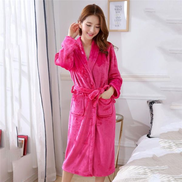 

women's sleepwear warm robe women flannel kimono gown thick coral fleece bathrobe nightwear home clothing pocket autumn winter, Black;red