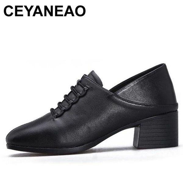 

ceyaneao 2021 women shoes classic black genuine leather chunky heel shoes women pumps casual high heels office woman