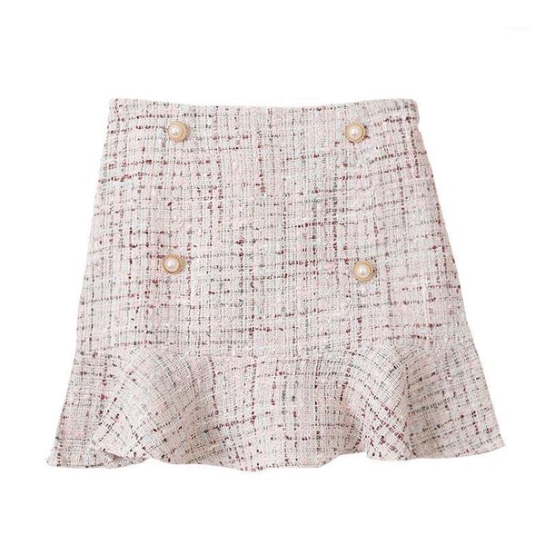 

korean of high waist tweed skirt with button wool half-length black autumn winter skirts