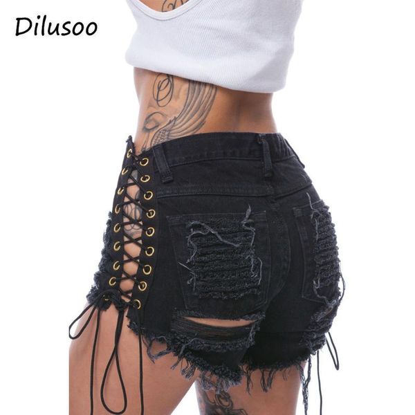 

women's jeans dilusoo women summer shorts denim pants lace up holes ripped bandage short elastic pencil hight street, Blue
