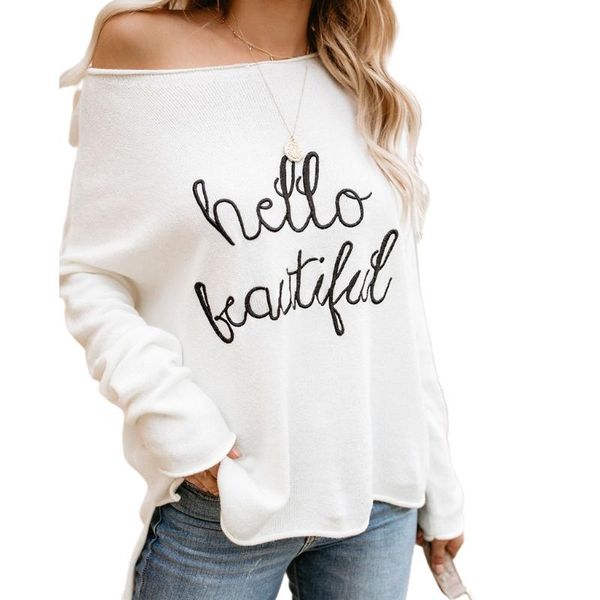 

women's sweaters women long sleeve knitted blouse embroidery hello one word shoulder sweater, White;black