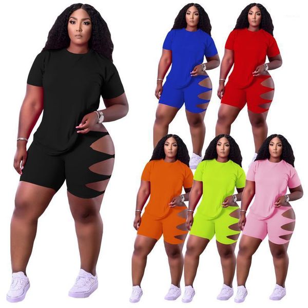 

women's tracksuits summer two piece set women clothing casual hollow out asymmetrical solid o-neck slim pullover shorts sets, Gray