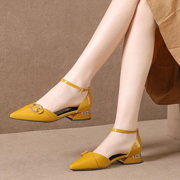 

classic pu leather buckle strap cover heel sandals women spring pointed low-heeled office shoes elegant rhinestone shoes, Black