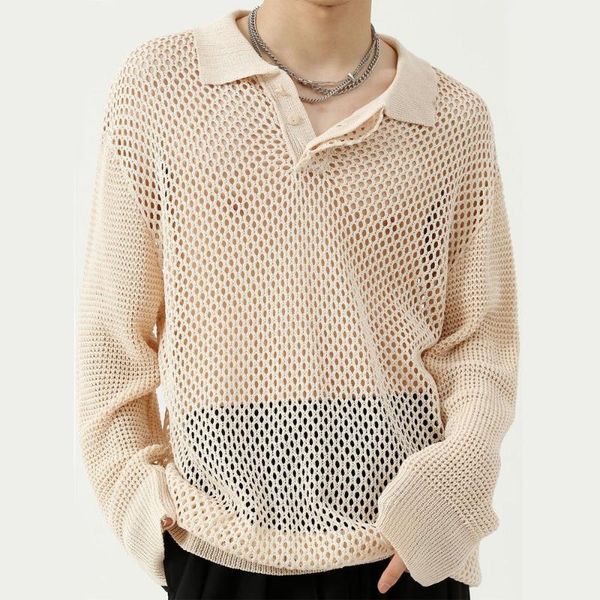 

men's sweaters hollow knitwear men autumn harajuku korean fashion streetwear vintage pullover turn collar thin sweater male knitted, White;black