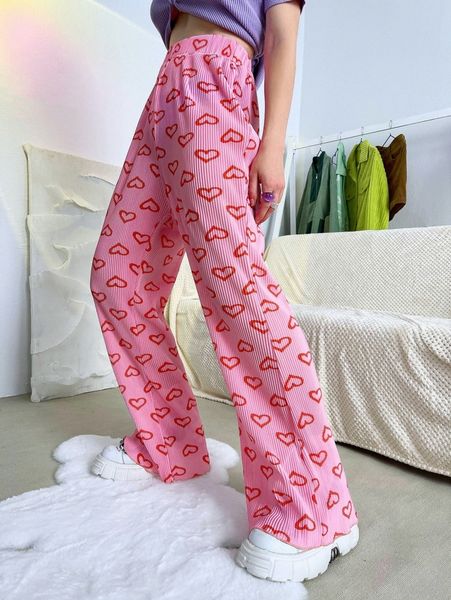 

high waist allover heart print wide leg pants c56i#, Black;white