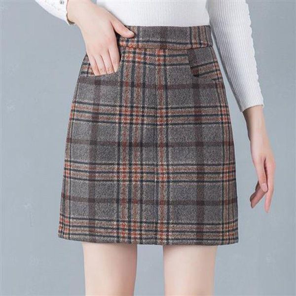 

skirts plaid skirt short autumn winter 2021 korean version plus size woolen a-line bag hip women above knee mini formal, Black