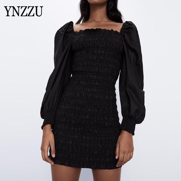 

casual dresses women long lantern sleeve bodycon dress 2021 spring slim square collar female mini elastic sheach black ynzzu yd386, Black;gray