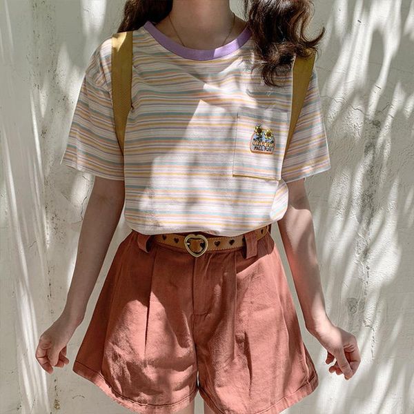 

women's t-shirt lovely embroidered rainbow stripes short sleeve t shirt accessory tees tshirts women white casual japanese st