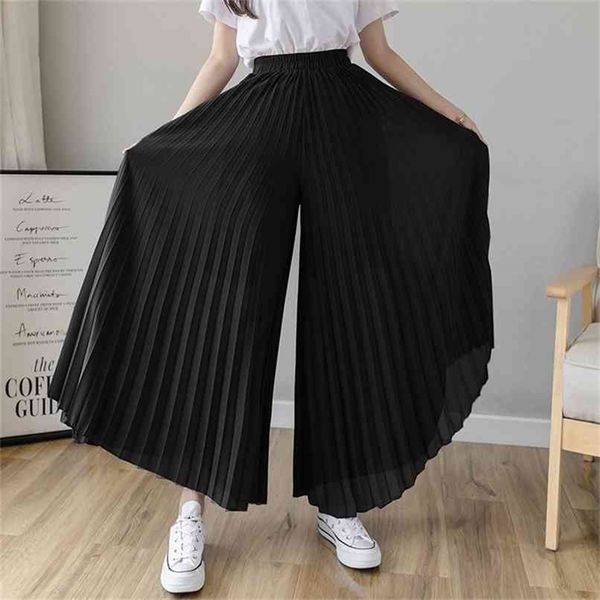 

women spring summer pleated loose pants fashion female chiffon elastic waist skirt black blue wide leg femme 210915, Black;white