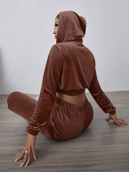 

zip up velvet drawstring hoodie & sweatpants set u3ny#, White