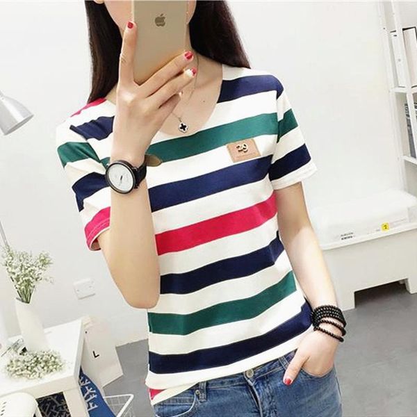

women's t-shirt 2021 summer women color striped v-neck girl student casual, White