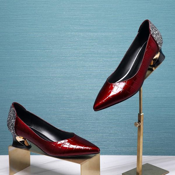 

dress shoes est thick heels pumps rhinestone glitters genuine leather ladies summer 2021 famale pointed toe woman, Black