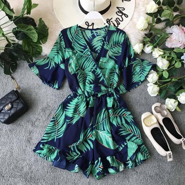 

2021 summer women chiffon v-neck printed flowers playsuit wide-leg waistband ladies holiday trumpet sleeves romper overalls, Black;white