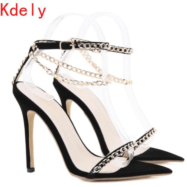 

sandals women heels high ladies summer shoes luxury buckle strap stripper female metal chain pointed toe sandal, Black