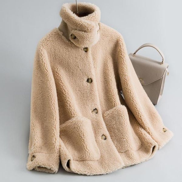 

women's wool & blends 2021 autumn winter thicker warm full imitation sheep sheared fur coat female compound short coats with pockets, Black