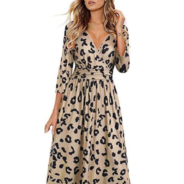 

casual dresses stylish women dress all match loose hem leopard print lady v neck spring autumn for daily wear, Black;gray
