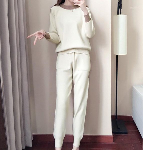 

women's tracksuits 2021 autumn winter woman 2 pieces set sweater and pencil pants knitted suits patchwork casual pockets outfits, Gray