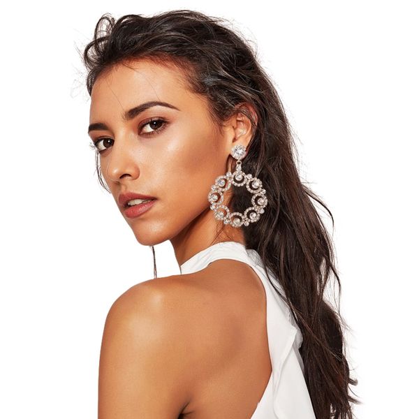 

e4964 european american masters retro hollow pattern earrings full of diamond claw chain earrings, Golden