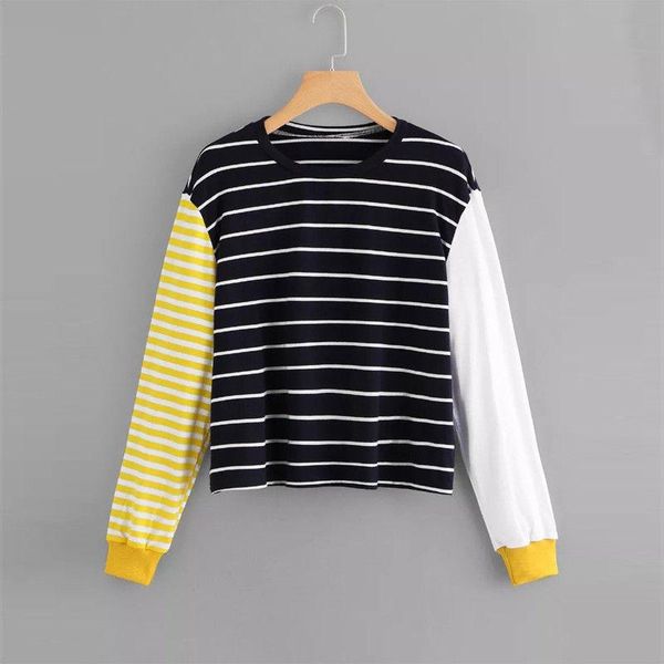 

women's hoodies & sweatshirts women ladies long sleeve patchwork striped hoodie sweatshirt crew neck casual blouse sudadera mujer pull, Black