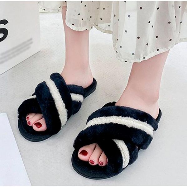 

slippers women winter fashion house fluffy shoes female short plush cross mixed color flats ladies indoors soft footwear, Black