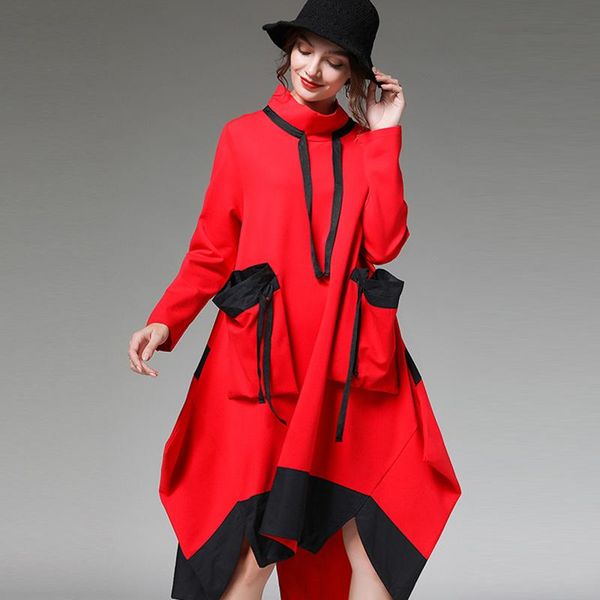 

casual dresses women winter plus size red irregular length 2021 woman black turtleneck oversized pockets basic lady, Black;gray