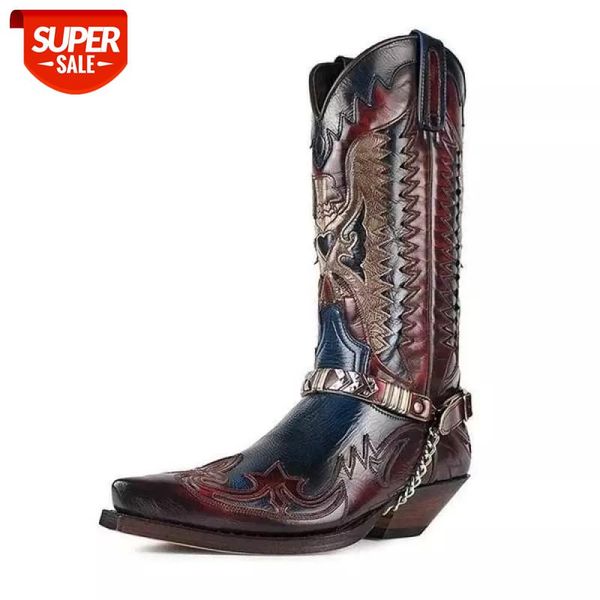

new winter men's mid-calf boots retro faux leather western cowboy boots males pointed toe outdoor cool motorcycle shoes #hy1z