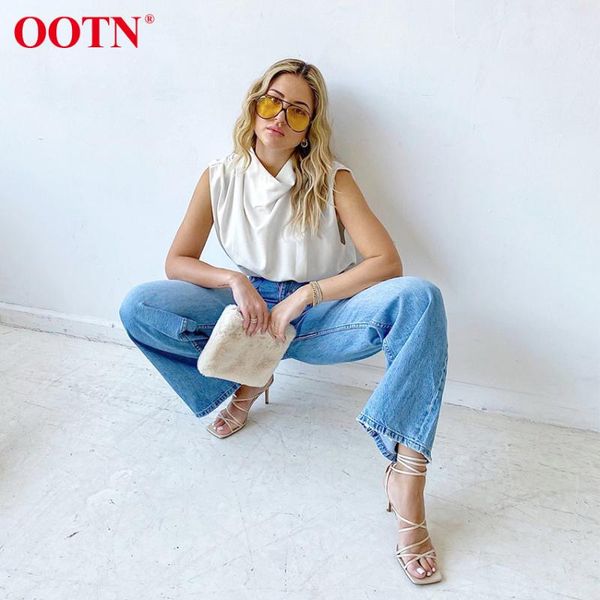 

women's blouses & shirts ootn drape turtleneck white blouse women summer sleeveless female 2021 fashion solid casual shirt ladies offic