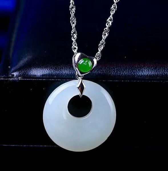 

lockets hetian baiyu silver inlay pendant white jade round edge h33#