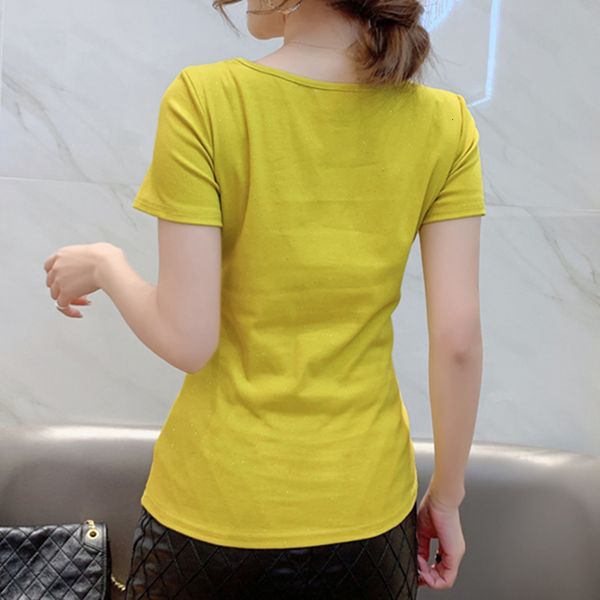 

summer korean style cotton t-shirt girls fashion v-neck button women short sleeve shiny slim tees new 2021 t12905a 85xq, White