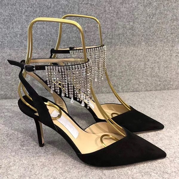 

2021 black jc diamond sandals, crystal embellishment, simple and versatile high heels, this silver metal napa carefully designed