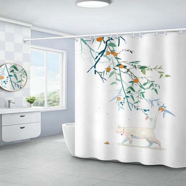 

orange tree and cat shower curtain set with 12 hooks white bathroom decoration