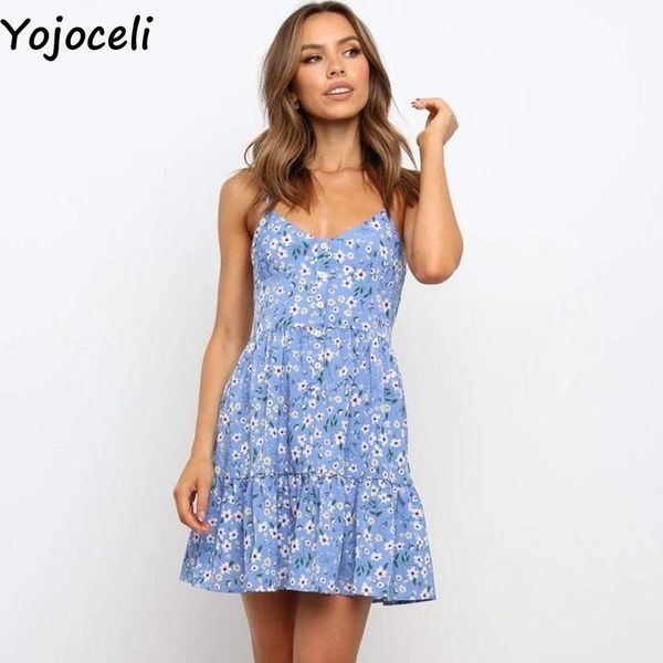 

casual dresses yojoceli elegant floral button print ruffle strap dress summer women loose beach cool short daily cute sundress, Black;gray