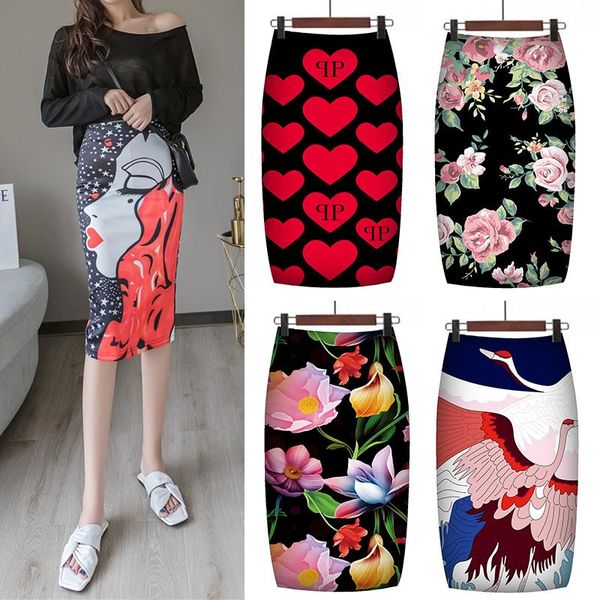 

skirts ready stock fashion women high waist pencil midi skirt printed, Black