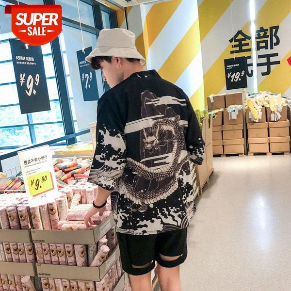 

hong kong style jacket men's three-quarter sleeves literary japanese couples and wind mid-length cardigan pattern dragon road robe kim, White;black