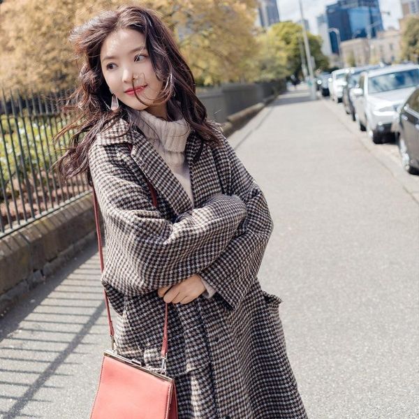 

women's wool & blends loose casual plaid coat women fashion turn-down collar full sleeve blend and jacket ladies coats, Black