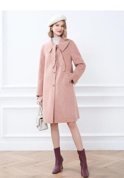 

women's wool & blends clothing 2021 autumn large lapel plaid medium length woolen overcoat, Black