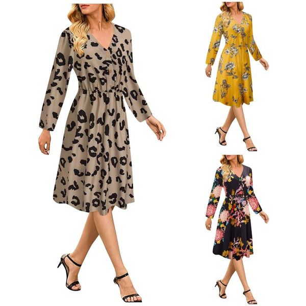 

casual dresses fashionable dress women's v-neck temperament flower print elegant ladies long-sleeved autumn vestido de mujer #4, Black;gray